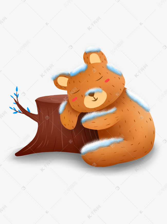 手绘卡通趴在树桩上身上落满积雪睡觉的棕熊素材图片免费下载