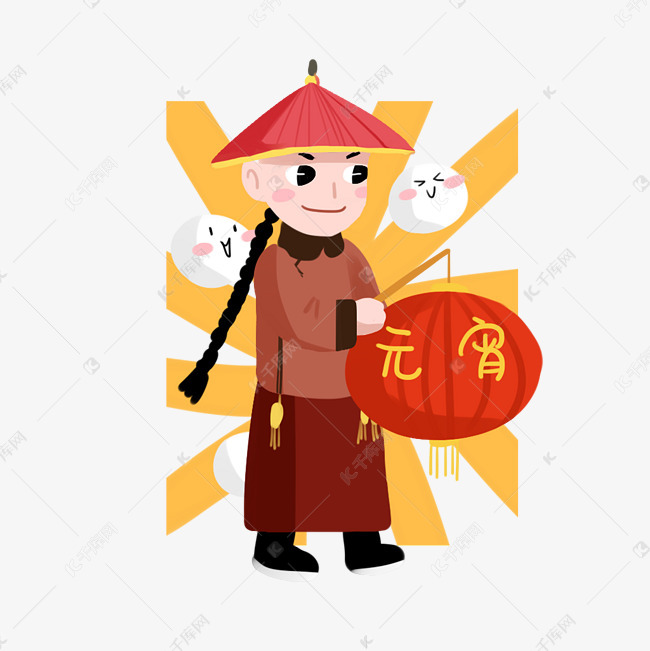 古装元宵手绘卡通人物png素材