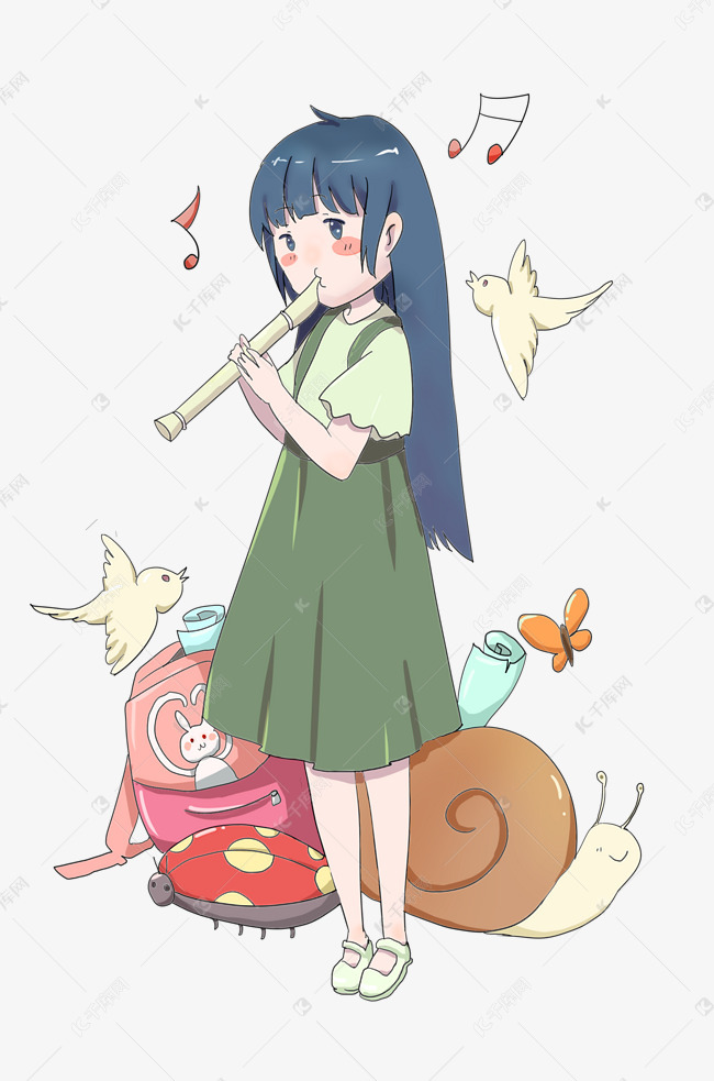 吹笛子女生手绘插画