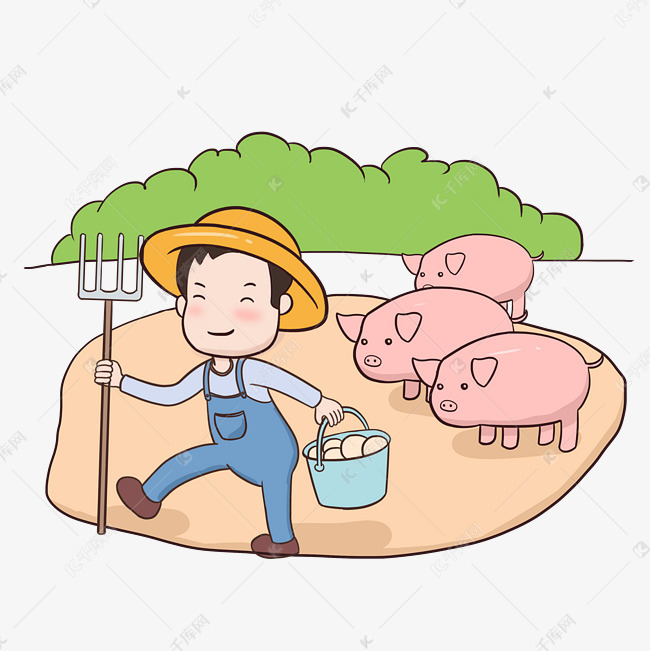 丰收农民养猪手绘
