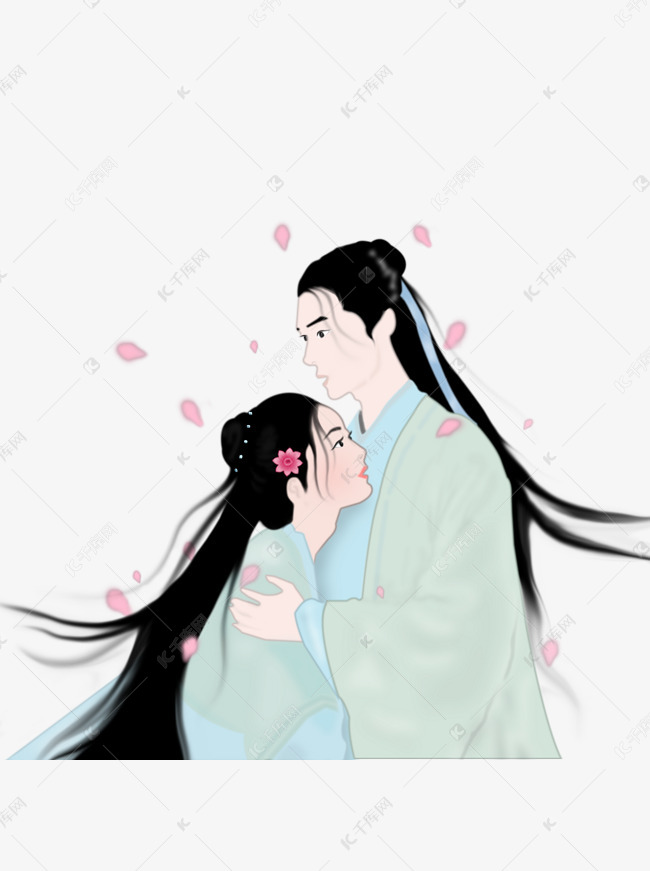 七夕节古风情侣拥抱透明底图