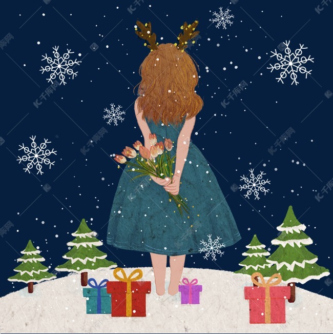 圣诞节暗色系肌理手绘鹿角捧花美女背影素材图片免费下载-千库网