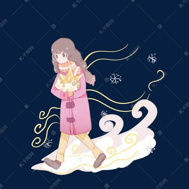 冬季走在路上的小女孩