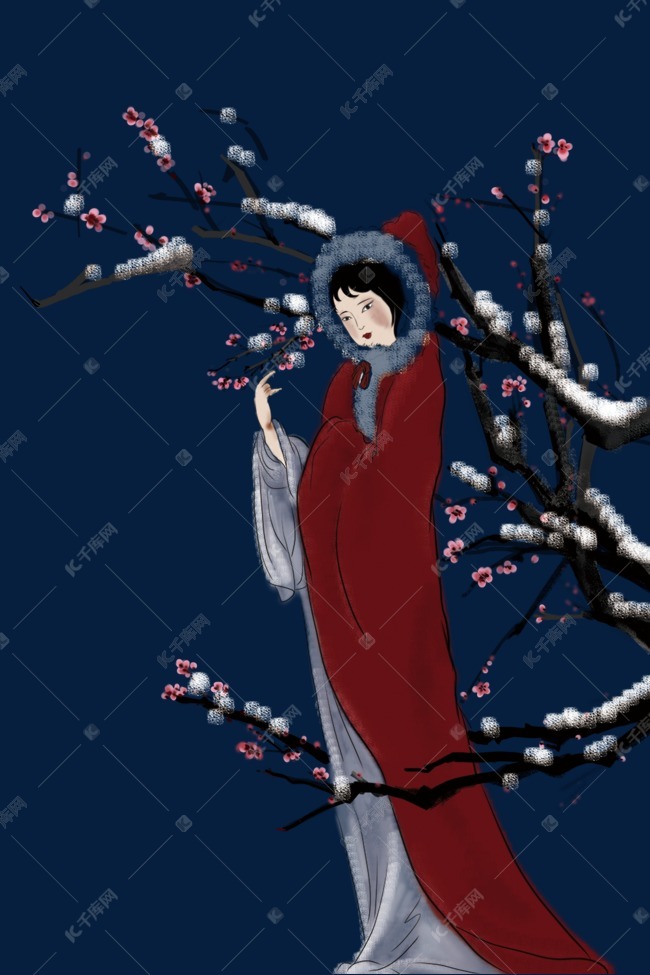 冬季踏雪寻梅复古插画