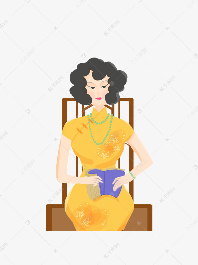 手绘穿黄色旗袍的贵妇元素