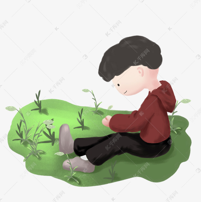 秋季小草男孩草地免抠装饰手绘人