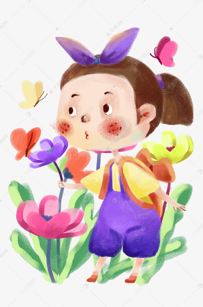 水彩小女生校园赏花插画
