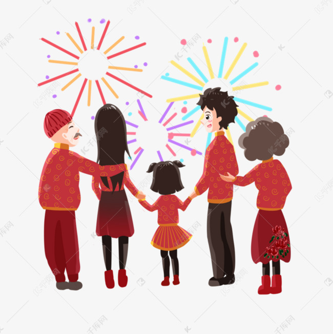 团圆看烟花的一家人