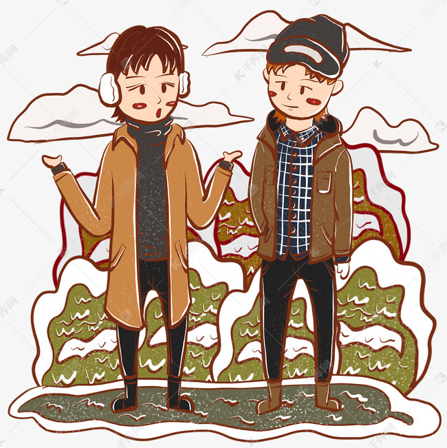 手绘卡通冬季穿着保暖的人小插图