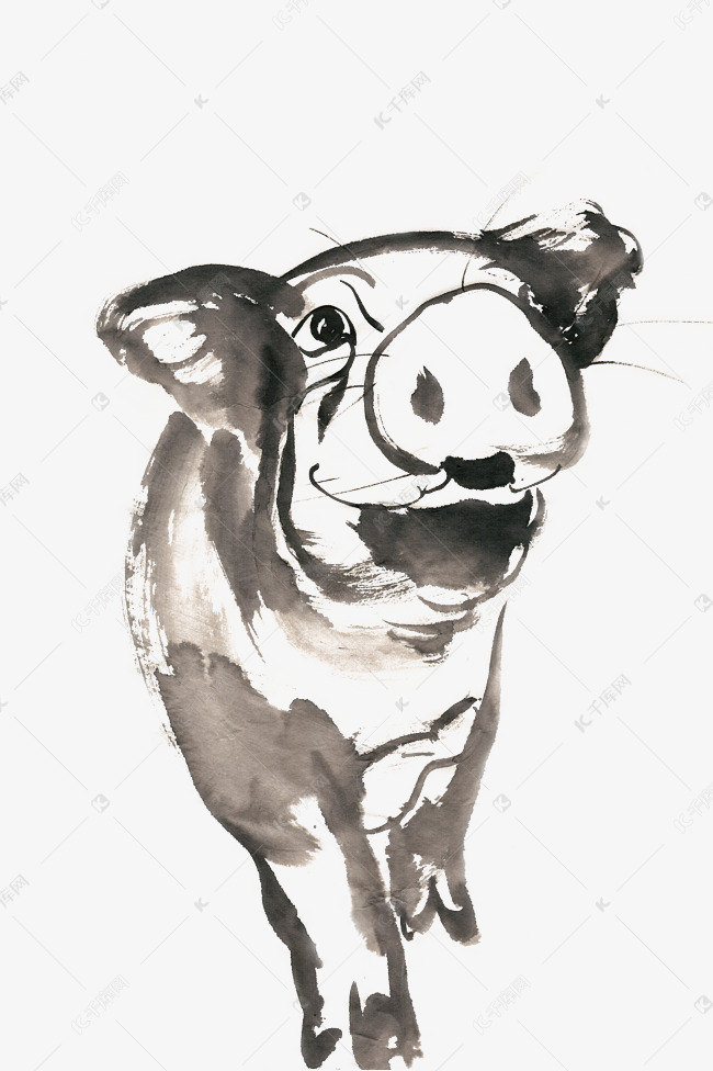 昂头的猪水墨画png免抠素材