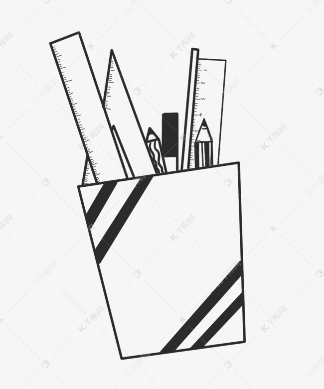 手绘线描文具笔筒插画