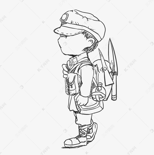 手绘线描解放军军人插画