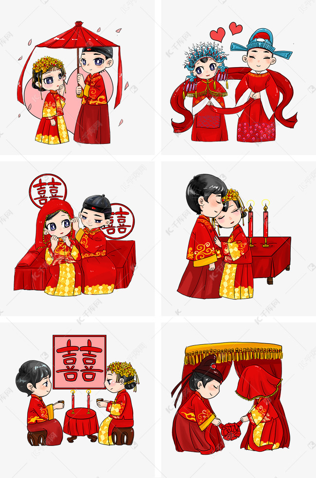 古代古装结婚礼服喜服新郎新娘手绘插画素材图片免费下载-千库网