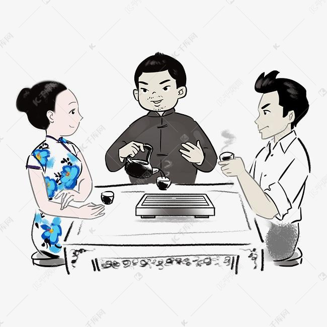 手绘喝茶人物矢量插画