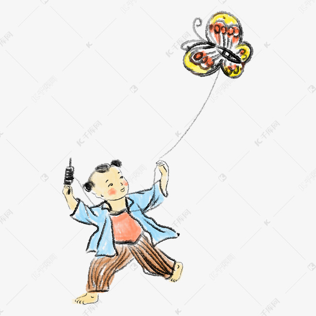 水墨放风筝的小男孩插画