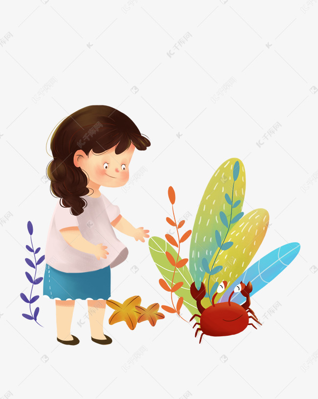 抓螃蟹的黑发辫子卡通女孩手绘插