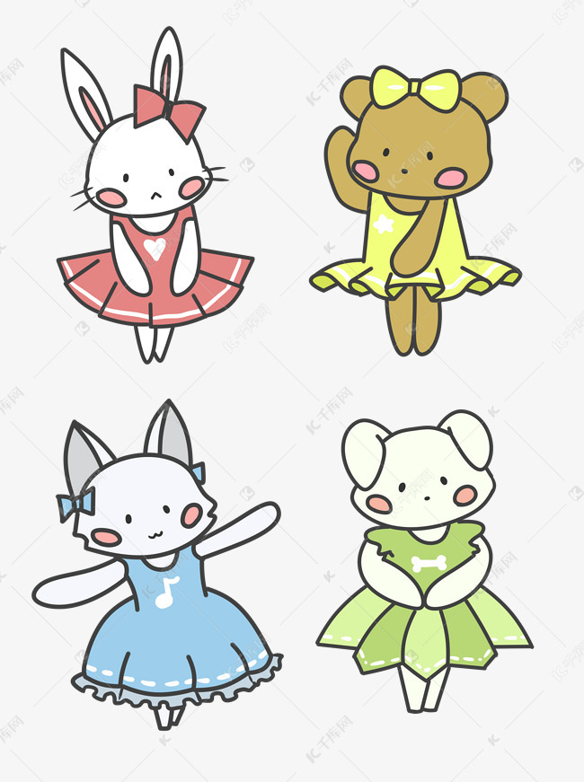 卡通可爱穿裙子的小动物兔子猫咪