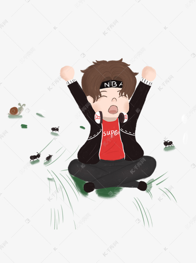 手绘卡通草地上伸懒腰的运动型阳