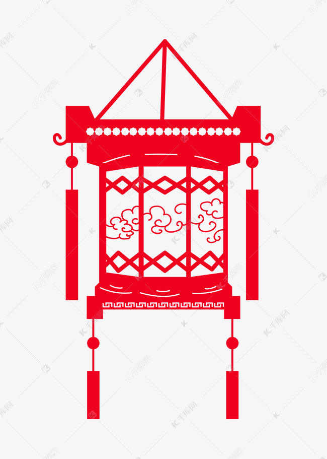 手绘云纹剪纸宫灯插画