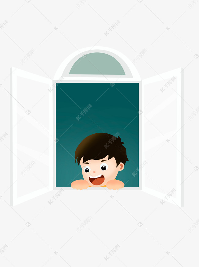 小男孩趴着窗户上