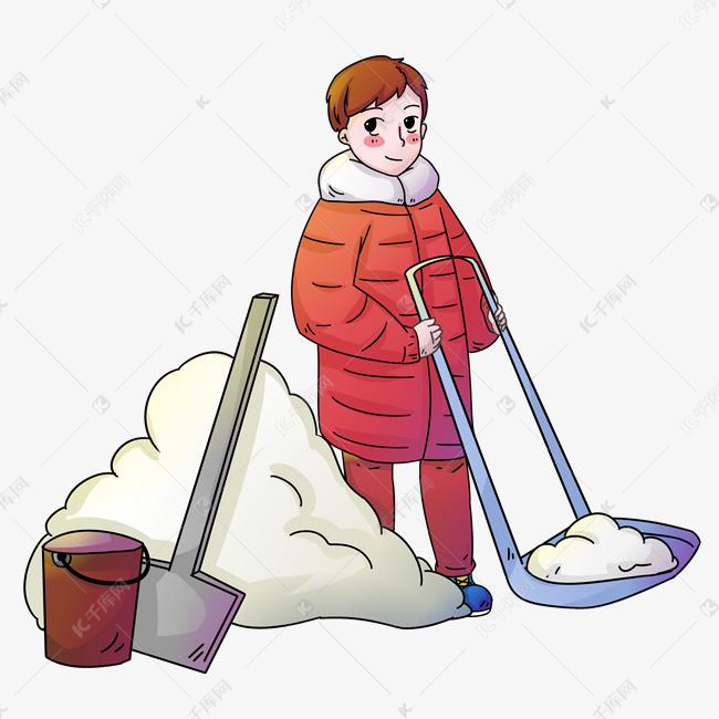 冬季扫雪男孩