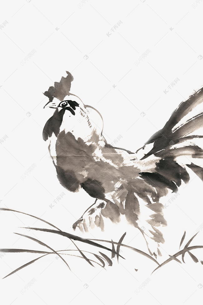 威风的鸡水墨画png免抠素材