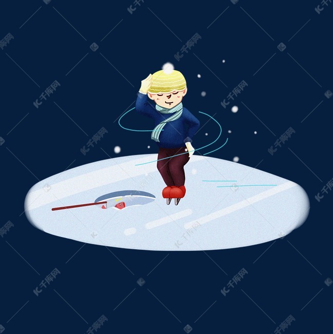 大雪蓝色手绘在冰面上滑冰即将掉