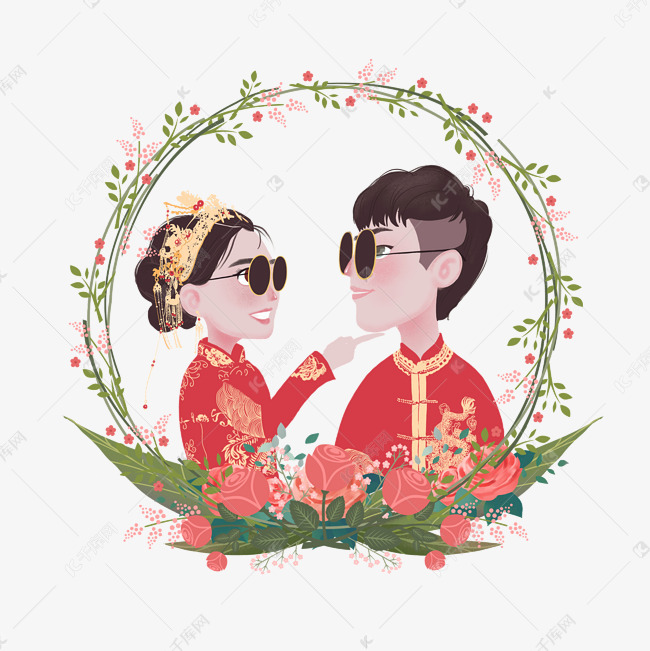 结婚典礼一对新人手绘png免抠