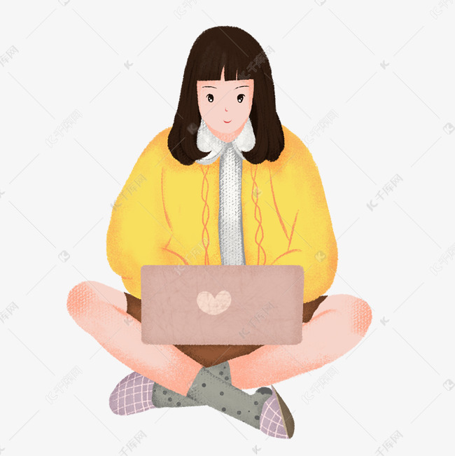 卡通玩电脑的长发女生插画素材图片免费下载-千库网