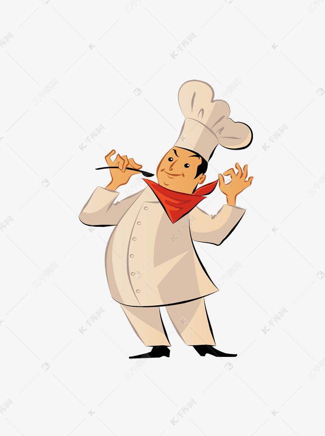 手绘卡通穿白色厨师服品尝味道的