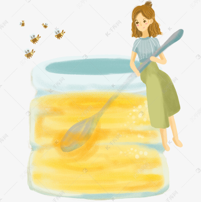 贴秋膘女孩喝蜂蜜手绘免抠图