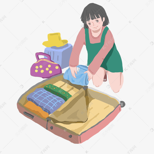 国庆出游暖色系卡通手绘女孩收拾行李免抠素材图片免费下载-千库网