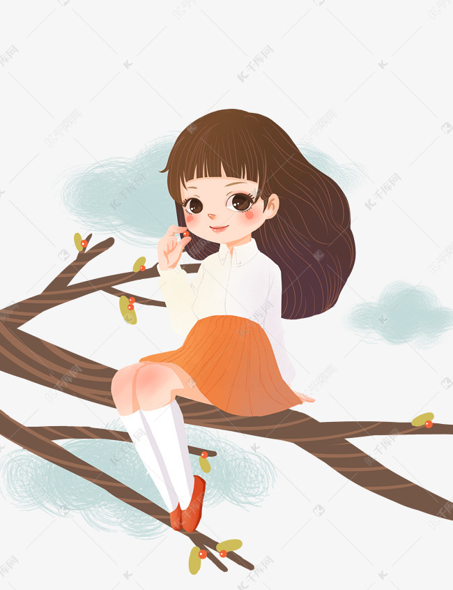 坐在树上的女孩简笔画图片
