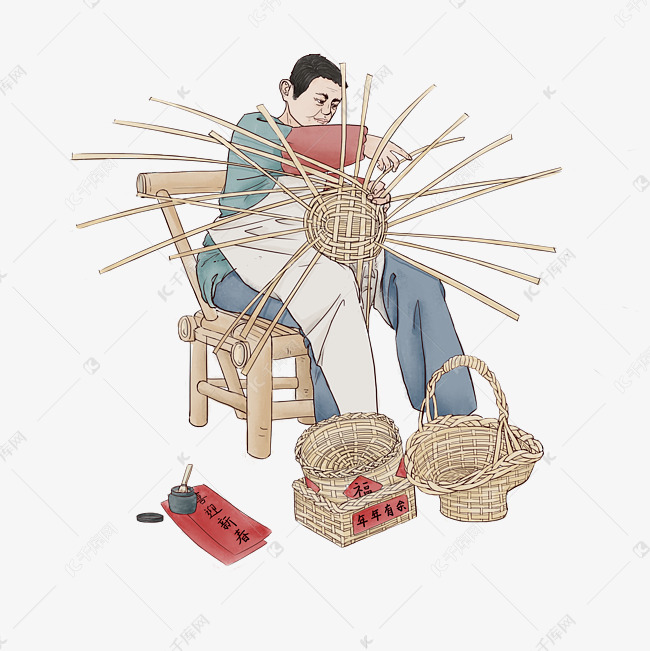 复古小人编制竹筐春节年俗年代p