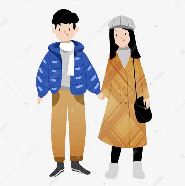 卡通手绘穿情侣装的幸福情侣创意