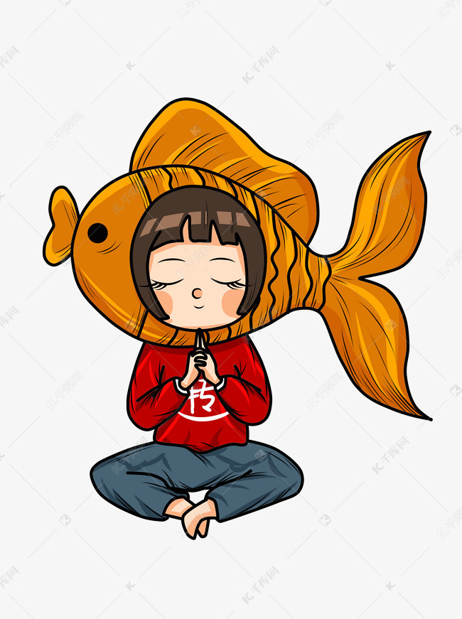 手绘可爱女孩带着鱼帽子盘腿元素
