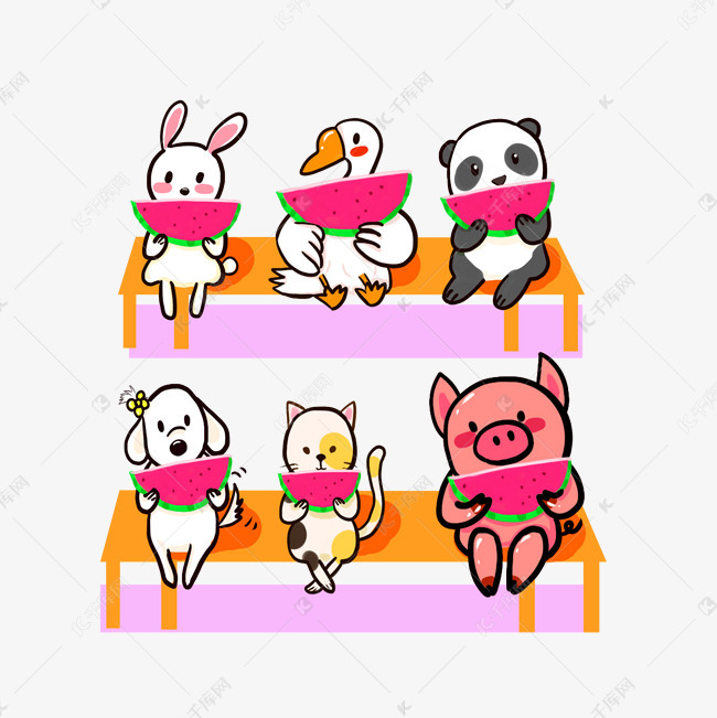 卡通动物排排坐吃西瓜绘本png