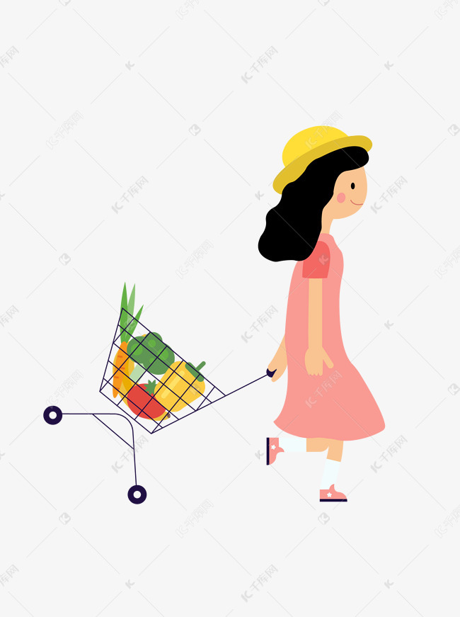 卡通手绘拉着购物车购物的女孩矢