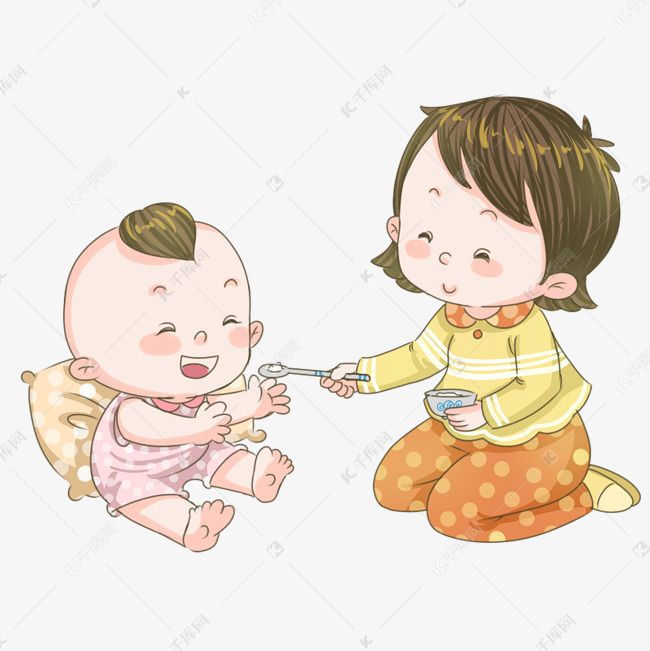 手绘母亲喂孩子吃饭插画