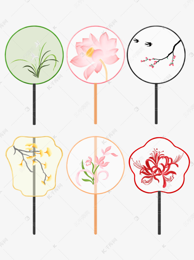 中国风复古彩色花卉手绘团扇素材图片免费下载-千库网