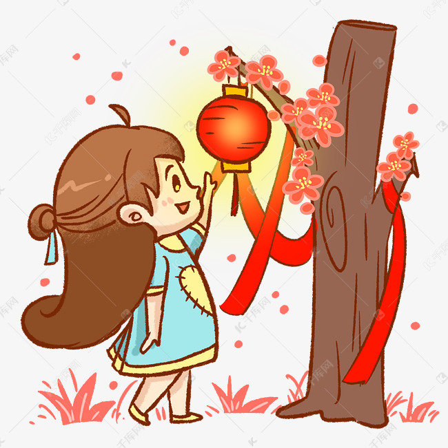 新年挂灯笼手绘卡通人物png素材