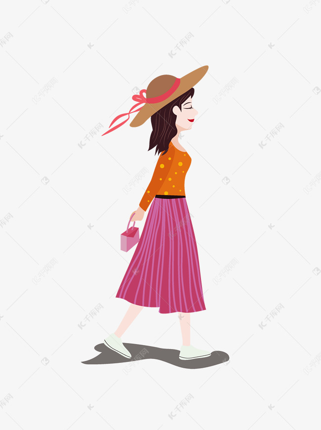 手绘卡通开心散步的时尚美女侧身