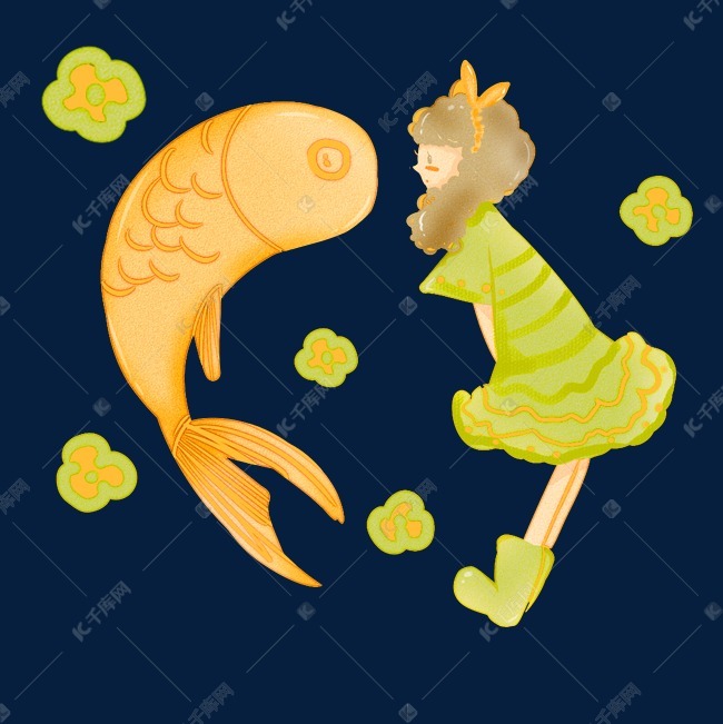 金色锦鲤和可爱姑娘手绘插画
