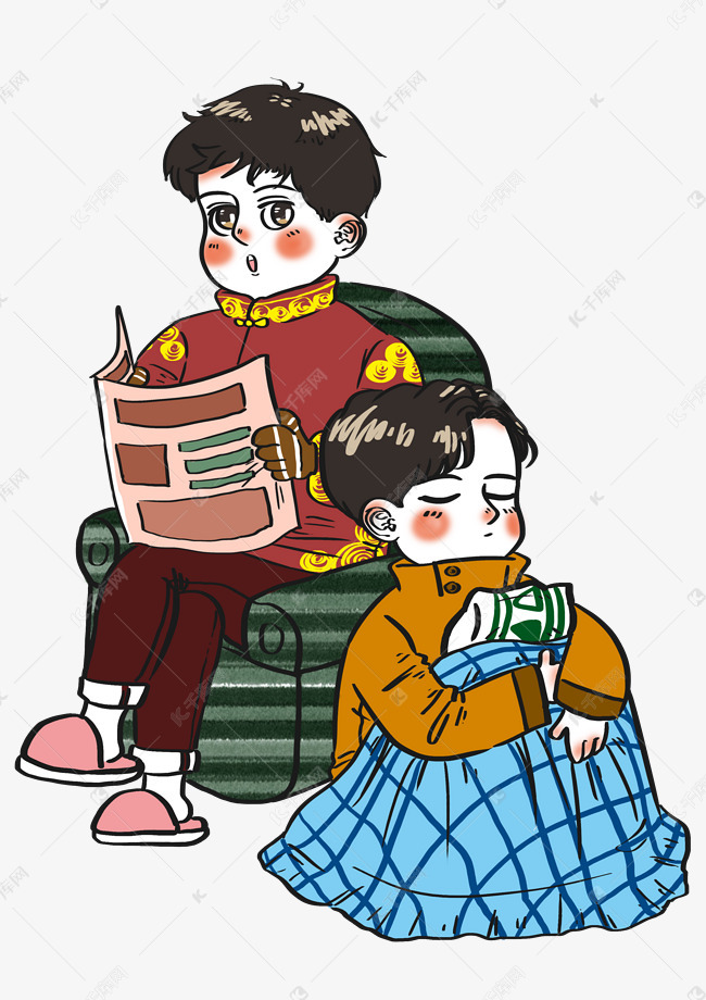 冬季夜晚兄弟俩一起听故事卡通人