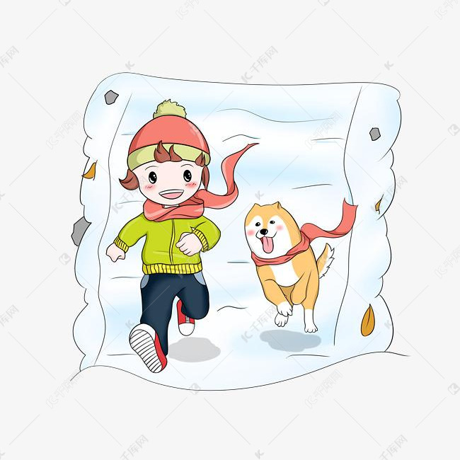 冬天小男孩和小狗雪中奔跑插画