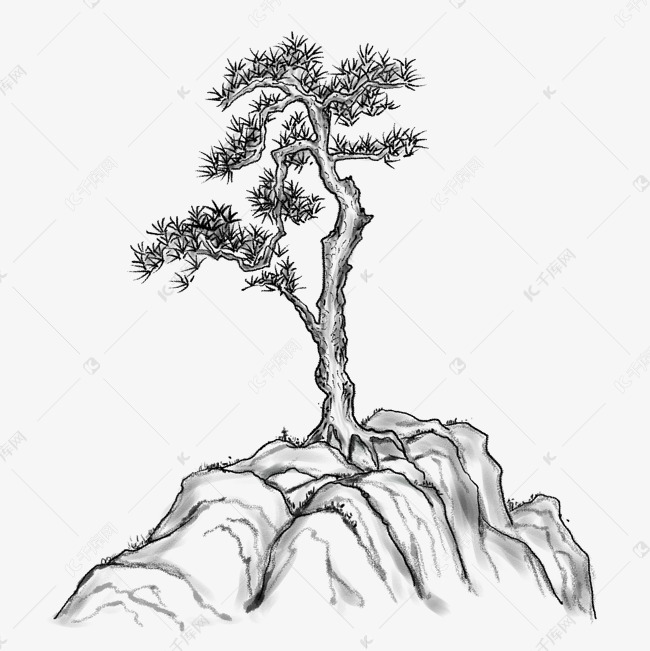 中国风水墨山石松树