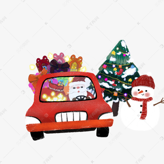 手绘红色圣诞老人开车送礼物pn