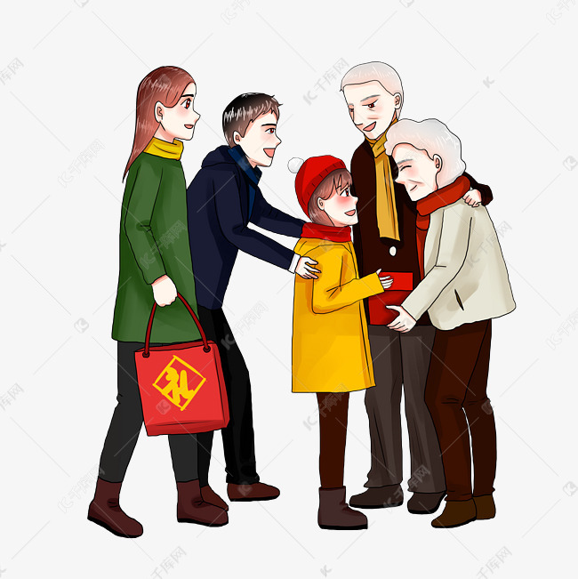 春节新年送礼一家人回家团圆团聚