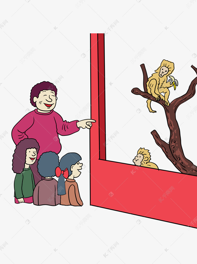 家长带孩子参观动物园卡通插画参