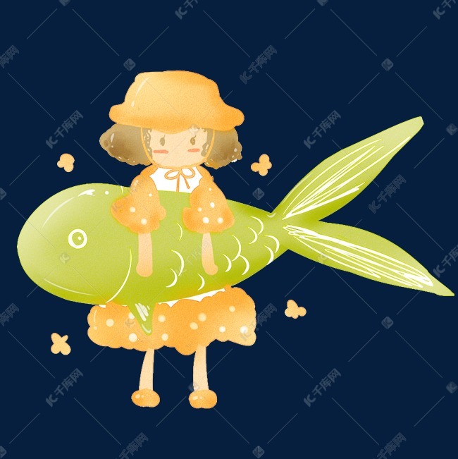 可爱小女孩怀抱锦鲤卡通插画